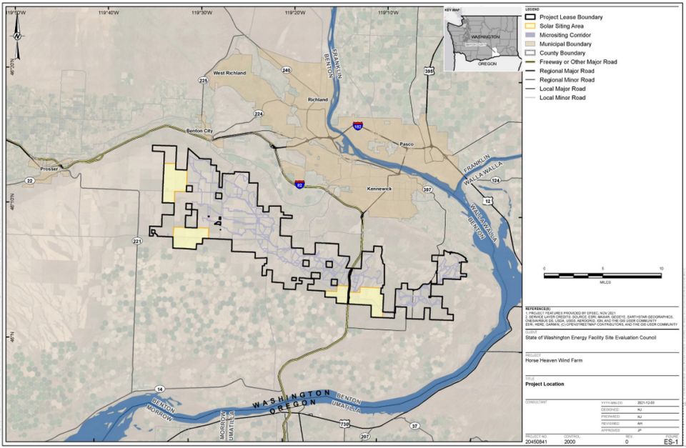 The boundary of the proposed Horse Heaven Clean Energy Center south of the Tri-Cities is shown. Solar arrays could be in the yellow areas of the map.