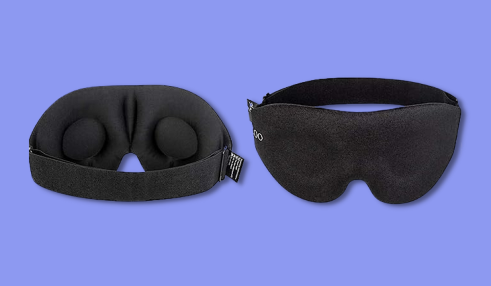 two sleep masks, pictured from rear and from front