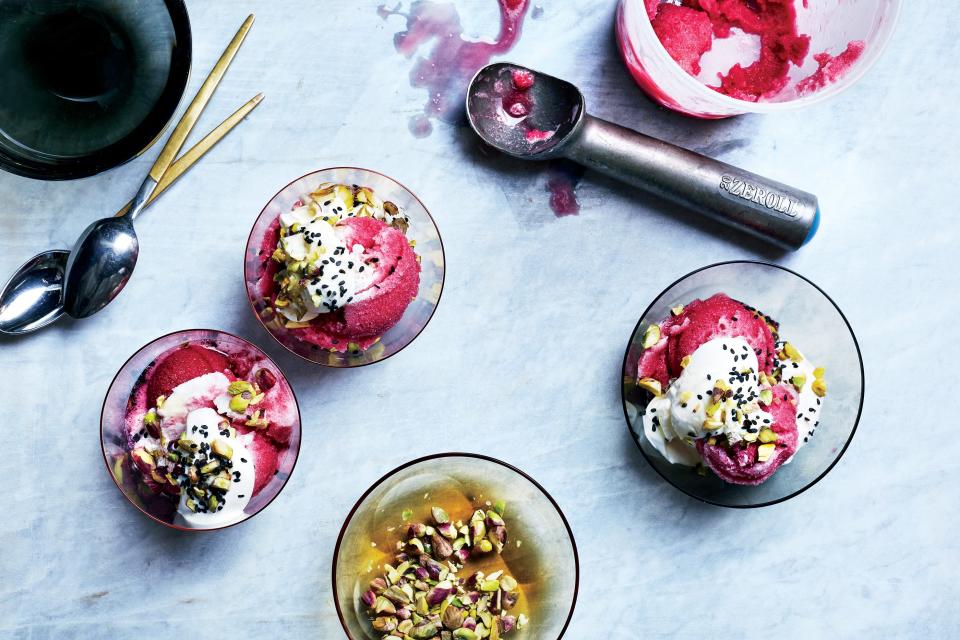 Fresh pomegranate juice gives this vibrant sorbet a stunning pink hue. Top it off with pistachios, black sesame seeds, and honey—or eat it plain. <a href="https://www.epicurious.com/recipes/food/views/pomegranate-sorbet-parfait?mbid=synd_yahoo_rss" rel="nofollow noopener" target="_blank" data-ylk="slk:See recipe.;elm:context_link;itc:0;sec:content-canvas" class="link ">See recipe.</a>