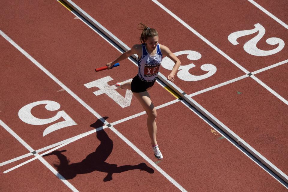 Scotch Plains-Fanwood's Julia Jackson runs the anchor in a 4x400 relay Thursday, April 28, 2022 at the Penn Relays in Philadelphia, Pa.