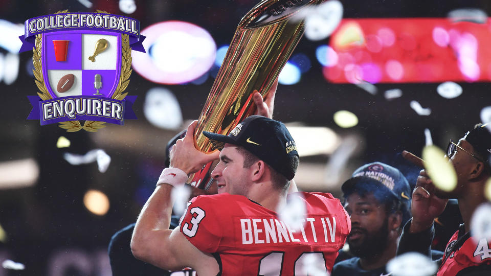 Georgia quarterback Stetson Bennett raises the national championship trophy
Gary A. Vasquez-USA TODAY Sports