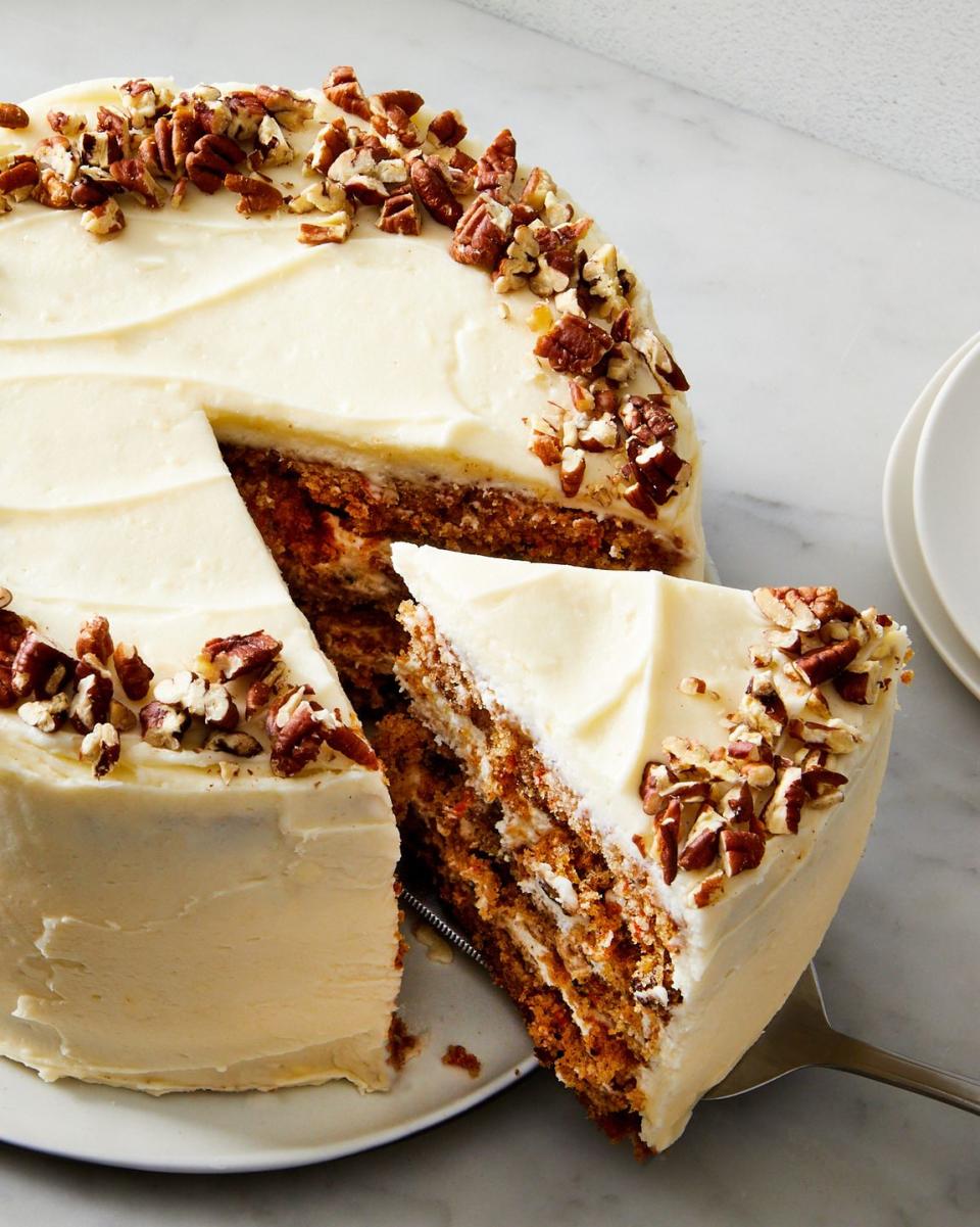 carrot cake with cream cheese icing and pecans