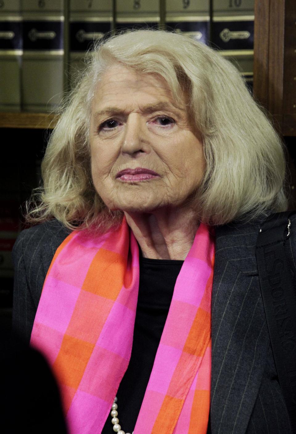 FILE - In this Oct. 18, 2012 file photo, Edith Windsor, 83, attends a news conference at the offices of the New York Civil Liberties Union, in New York. A federal appeals court in Manhattan has become the second in the nation to strike down the Defense of Marriage Act as unconstitutional. The ruling came in a case brought by Windsor. She sued the government in November 2010 because she was told to pay $363,053 in federal estate tax after her partner of 44 years, Thea Spyer, died in 2009. They had married in Canada in 2007. (AP Photo/Richard Drew, File)