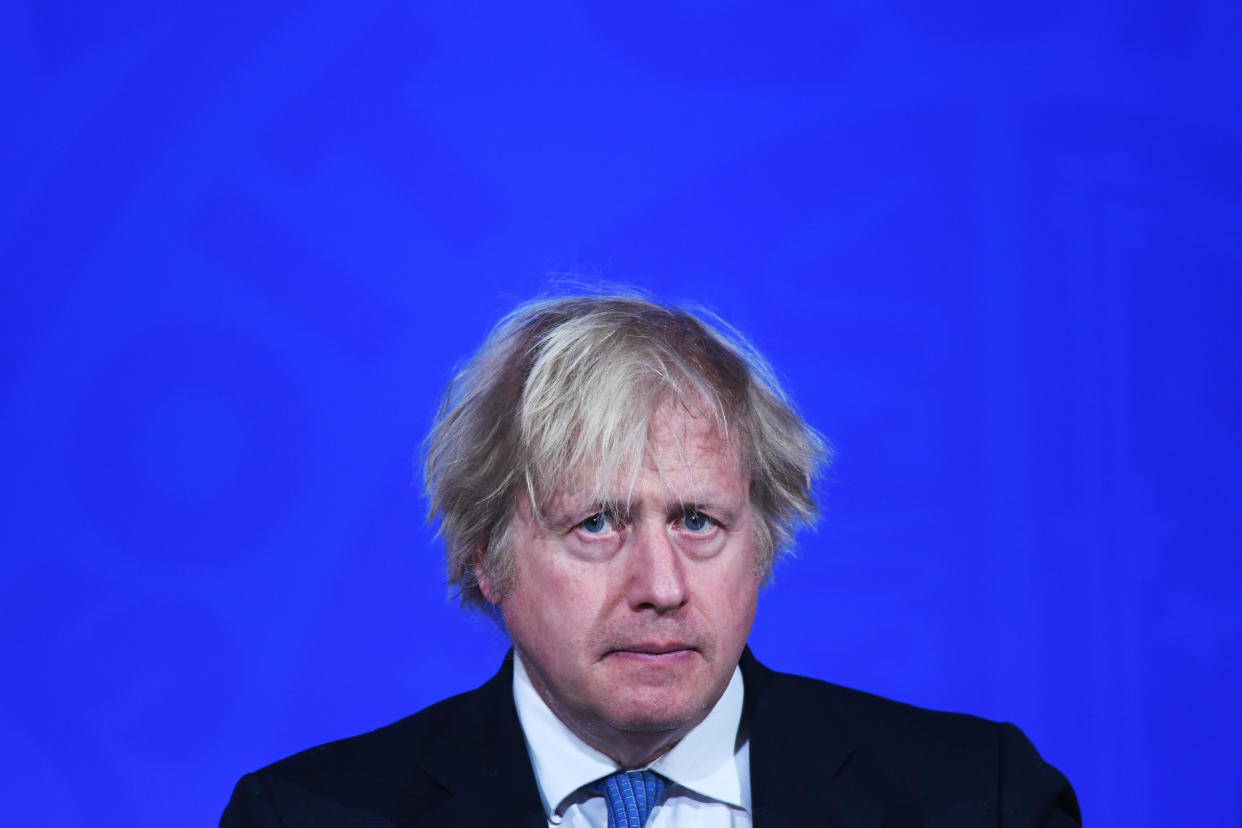 LONDON, ENGLAND - APRIL 05: Prime Minister Boris Johnson gives a media briefing on coronavirus (Covid-19) in Downing Street on April 5, 2021 in London, England. The UK is set to allow a wide range of businesses to reopen across England on April 12, including non-essential shops, barbers and outdoor hospitality venues. Such businesses have been closed since December, to curb a surge in Covid-19 infections. (Photo by Stefan Rousseau-WPA Pool/Getty Images)