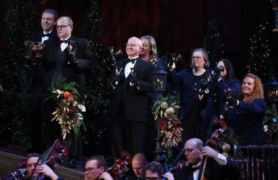 The Bells at Temple Square are shown performing during the 2023 concert, “Christmas with the Tabernacle Choir.”