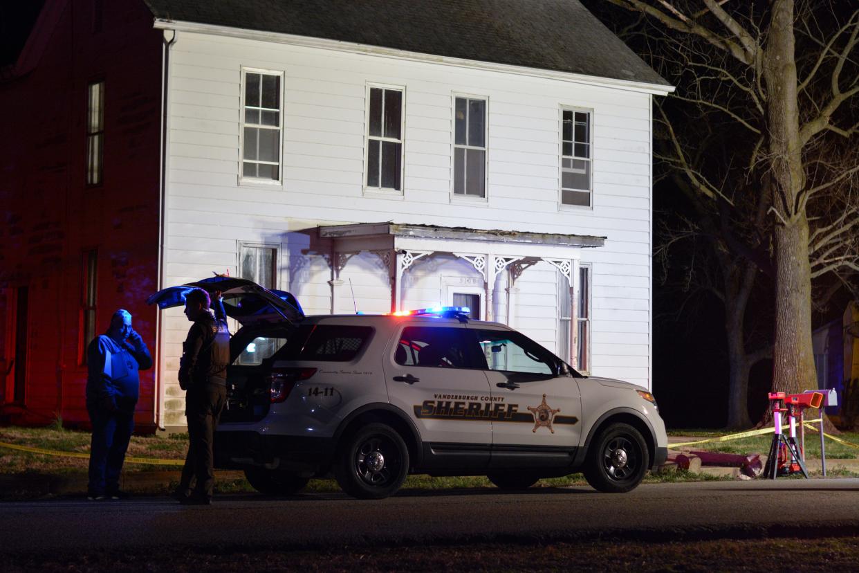 Vanderburgh County Sheriff's Office deputies investigate the scene of an apparent double shooting that left one person dead and one other injured in the 1500 block of Cypress Dale Road Monday, Feb. 27, 2023.