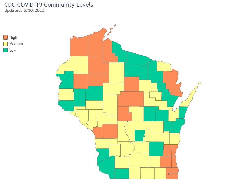 Centers for Disease Control and Prevention COVID-19 community levels in Wisconsin as of May 20