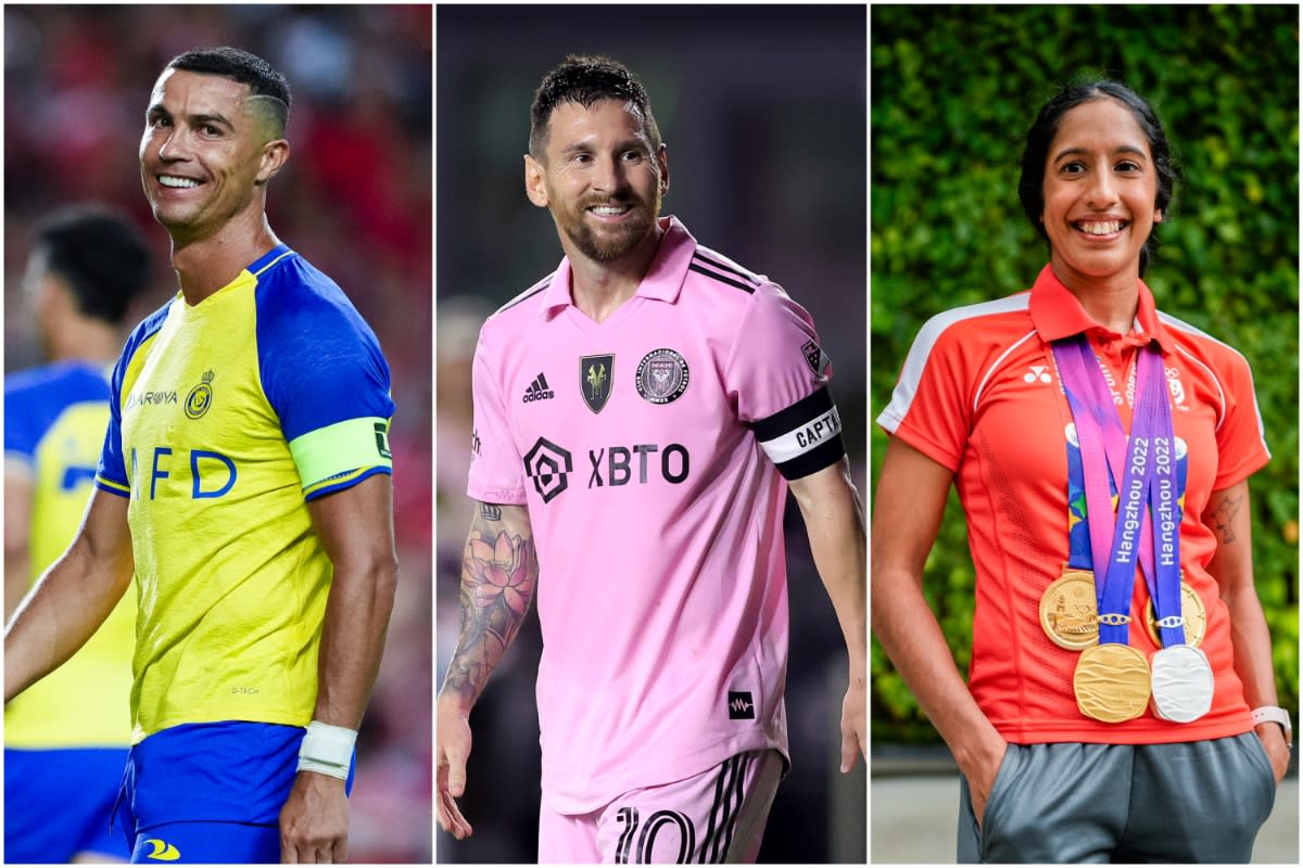 (From left) Football superstar Cristiano Ronaldo, World Cup winner Lionel Messi and Singapore's sprint queen Shanti Pereira. (PHOTOS: Getty Images/SNOC)