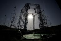 A lander for China's Mars mission is seen after a hovering-and-obstacle avoidance test at a test facility in Huailai