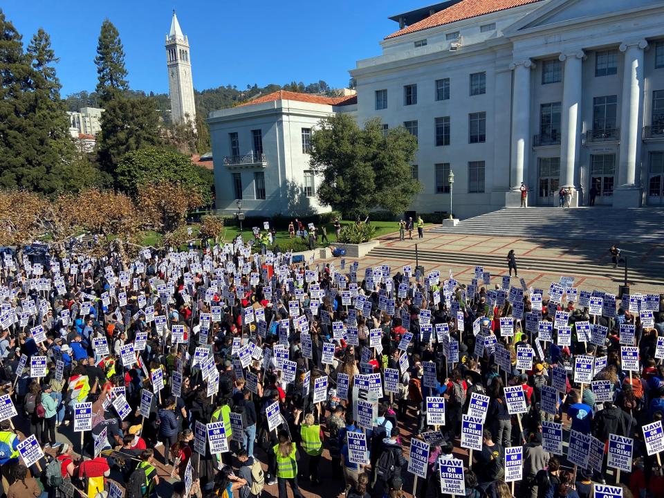 UAW-represented academic workers from the University of California system and their supporters picket for higher wages Nov. 14, 2022 in Berkeley.