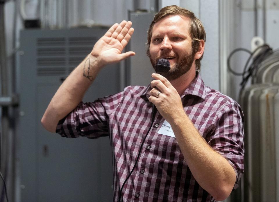 City commissioner Jeremy Matlow speaks at the Pups and Politicians fundraiser at Deep Brewing Company on Thursday, July 14, 2022 in Tallahassee, Fla. 