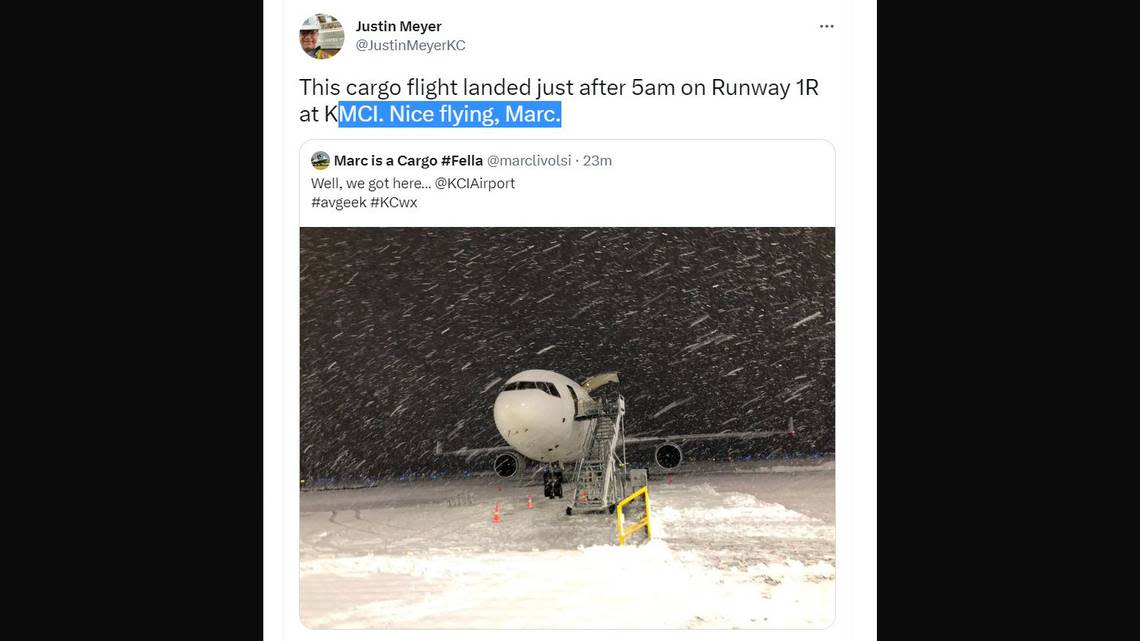 Rapidly falling snow across the metro area forced Kansas City International Airport to temporarily close its airfield so crews could clear runways and taxiways. This cargo plane arrived at KCI prior to the shut down of the airfield. The photo was shared on Twitter.