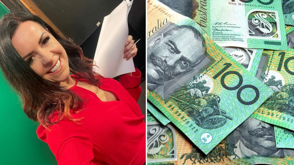 Compilation image of Nicole in a red top and a pile of notes to represent credit card debt