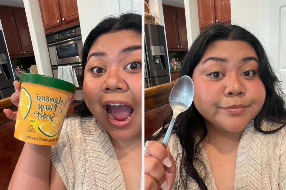 Dannica excitedly holding up a container of ice cream with a spoon, ready to eat