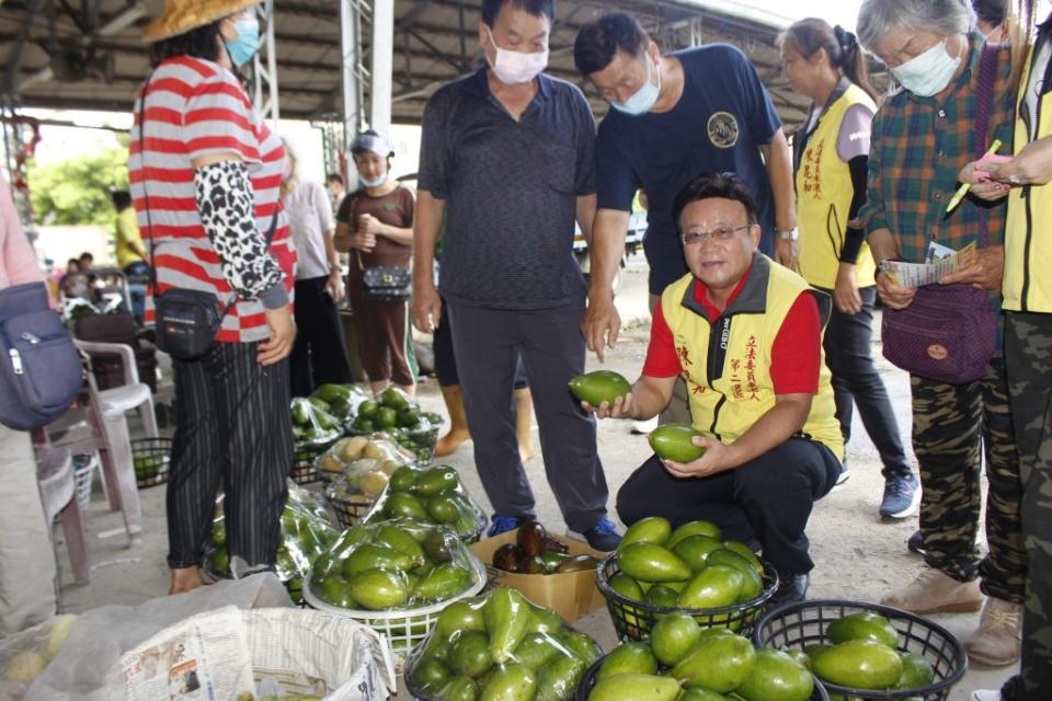 第二選區立委參選人陳昆和（蹲者）到大內青果市場採購酪梨。（記者黃文記攝）