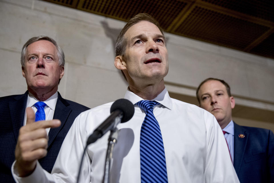 Rep. Mark Meadows, R-N.C., Rep. Jim Jordan, R-Ohio, and Rep. Lee Zeldin, R-N.Y., hold a press conference on Capitol Hill on Oct. 15 while Deputy Assistant Secretary of State George Kent testifies behind closed doors in the House impeachment inquiry into President Trump. (Photo: Andrew Harnik/AP)