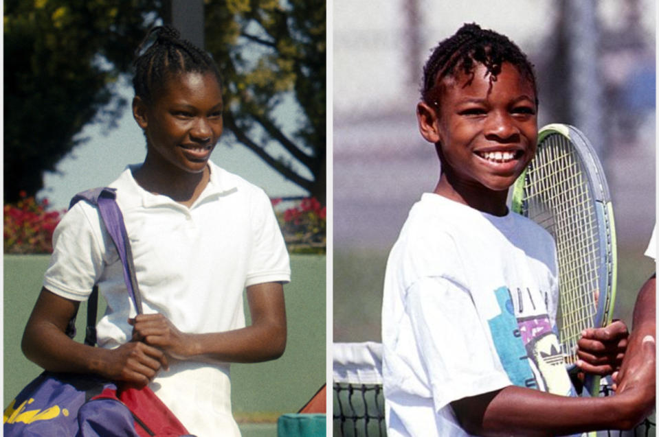 Demi holding a training bag on the left as she stands on a tennis court and a young Serena on the court on the right