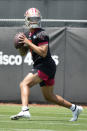 San Francisco 49ers first-round draft pick quarterback Trey Lance prepares to throw during the NFL football team's rookie minicamp in Santa Clara, Calif., Friday, May 14, 2021. (AP Photo/Tony Avelar)