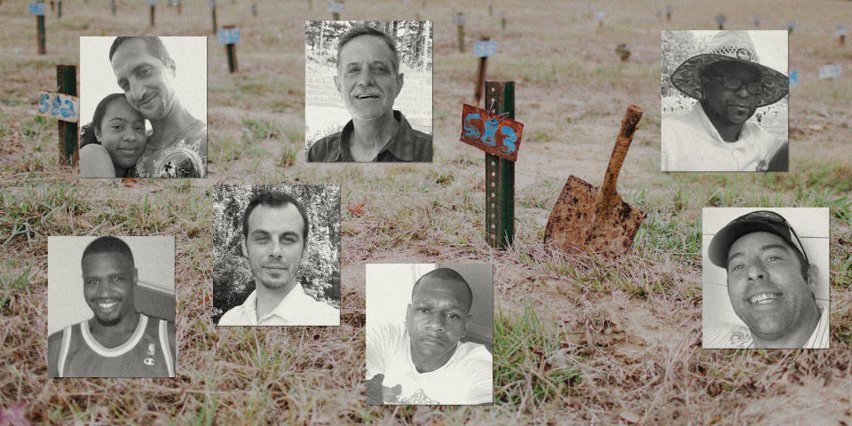 Images of men buried in a Mississippi pauper's field. The field shows metal stakes with numbers and a hand shovel. (NBC News)