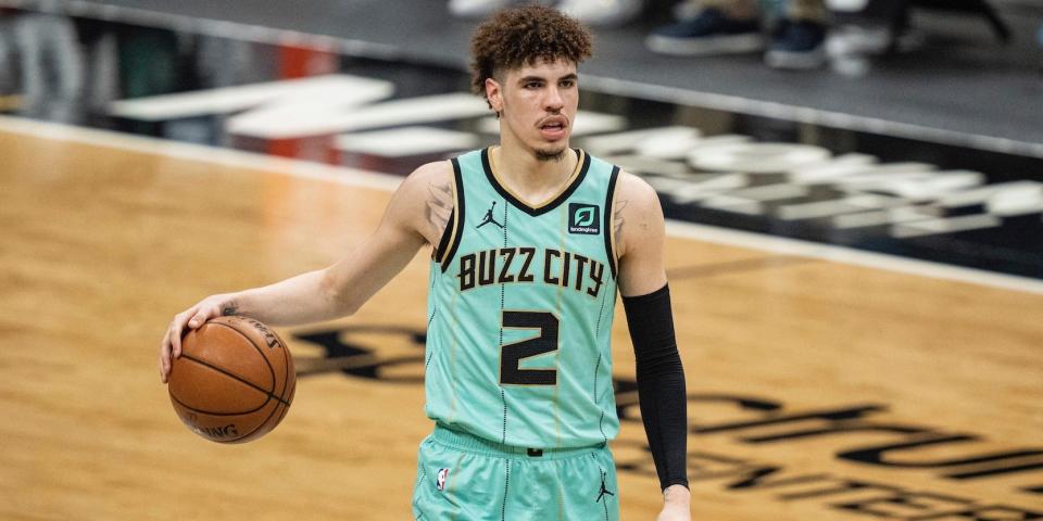 LaMelo Ball dribbles during a game.