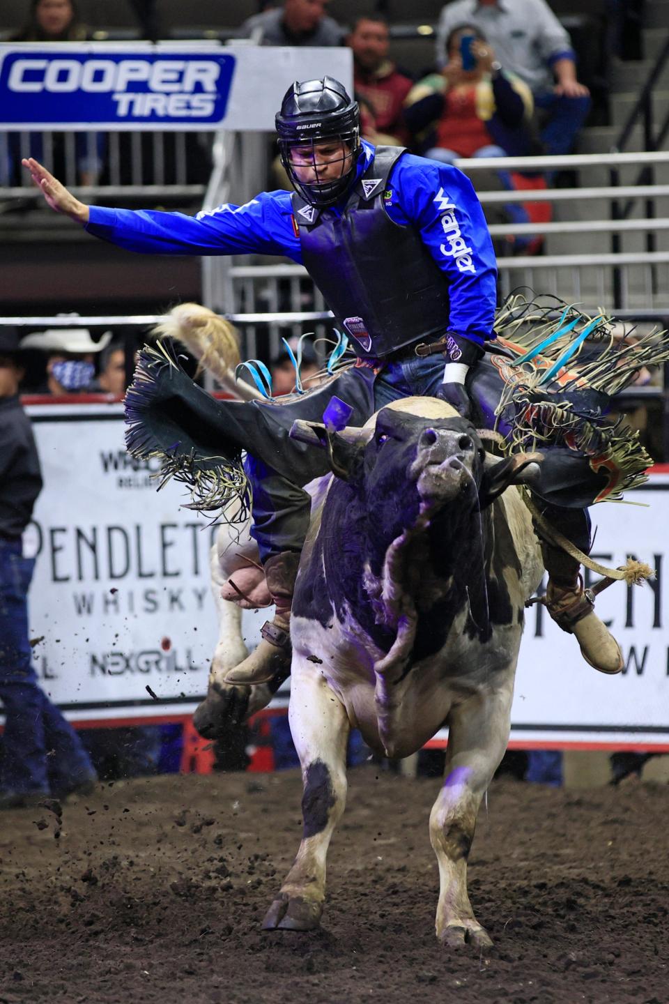 Dakota Louis of Browning, Mont. rides Stetson during the PBR Pendleton Whisky Velocity Tour in 2022 at VyStar Veterans Memorial Arena. Unlike the 2022 event, this weekend's stop will include the top-flight Unleash the Beast tour.
