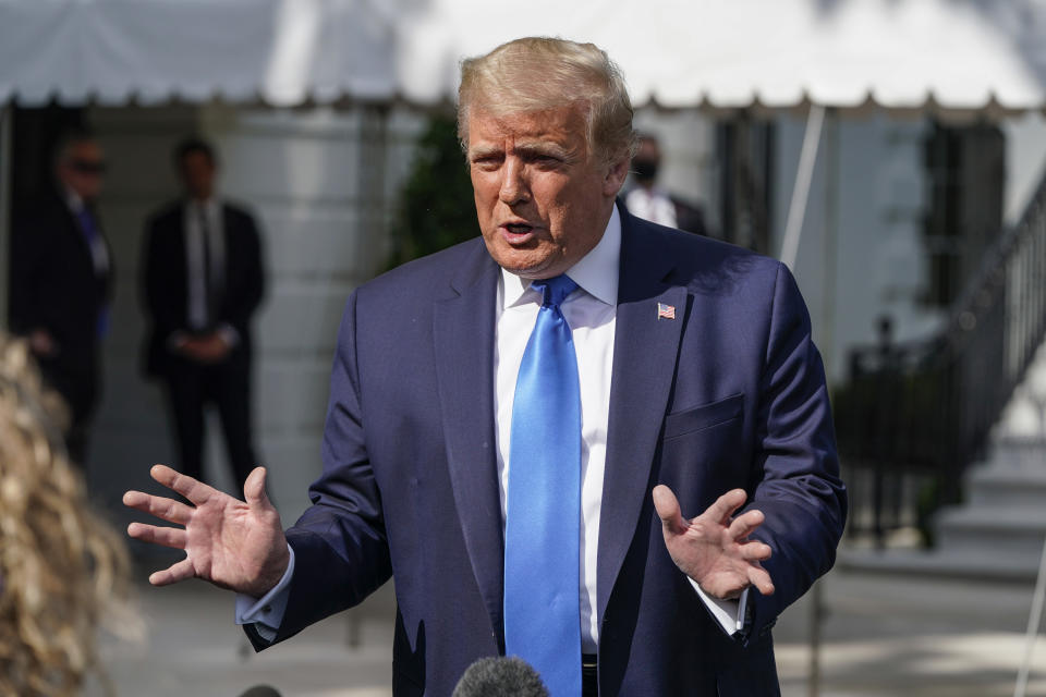 U.S. President Donald Trump speaks to the media as he departs for Walter Reed National Military Medical Center from the White House on July 11, 2020 in Washington, DC.  (Joshua Roberts/Getty Images)