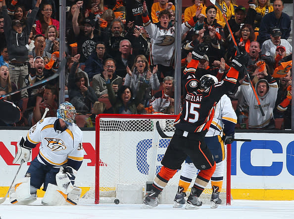 ANAHEIM, CA - MAY 14: Ryan Getzlaf #15 of the Anaheim Ducks celebrates a goal in the second period against Pekka Rinne #35 of the Nashville Predators in Game Two of the Western Conference Final during the 2017 NHL Stanley Cup Playoffs at Honda Center on May 14, 2017 in Anaheim, California. (Photo by Debora RobinsonNHLI via Getty Images)