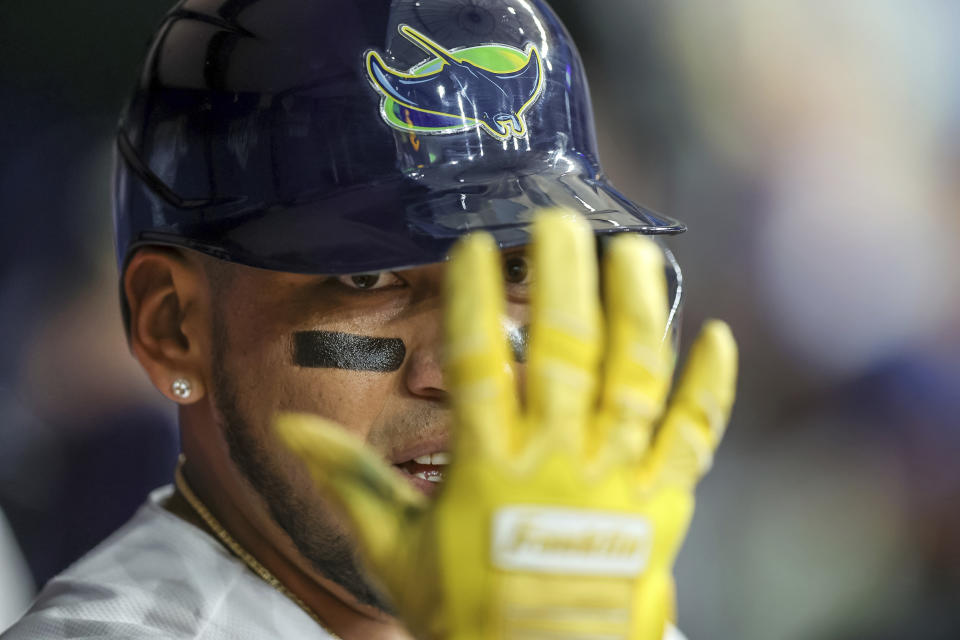 Tampa Bay Rays' Isaac Paredes celebrates after his home run against the Texas Rangers during the third inning of a baseball game Friday, June 9, 2023, in St. Petersburg, Fla. (AP Photo/Mike Carlson)