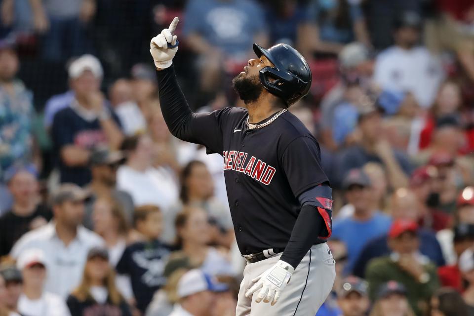 Cleveland Indians' Franmil Reyes celebrates his two-run home run during the ninth inning of a baseball game against the Boston Red Sox, Saturday, Sept. 4, 2021, in Boston. (AP Photo/Michael Dwyer)