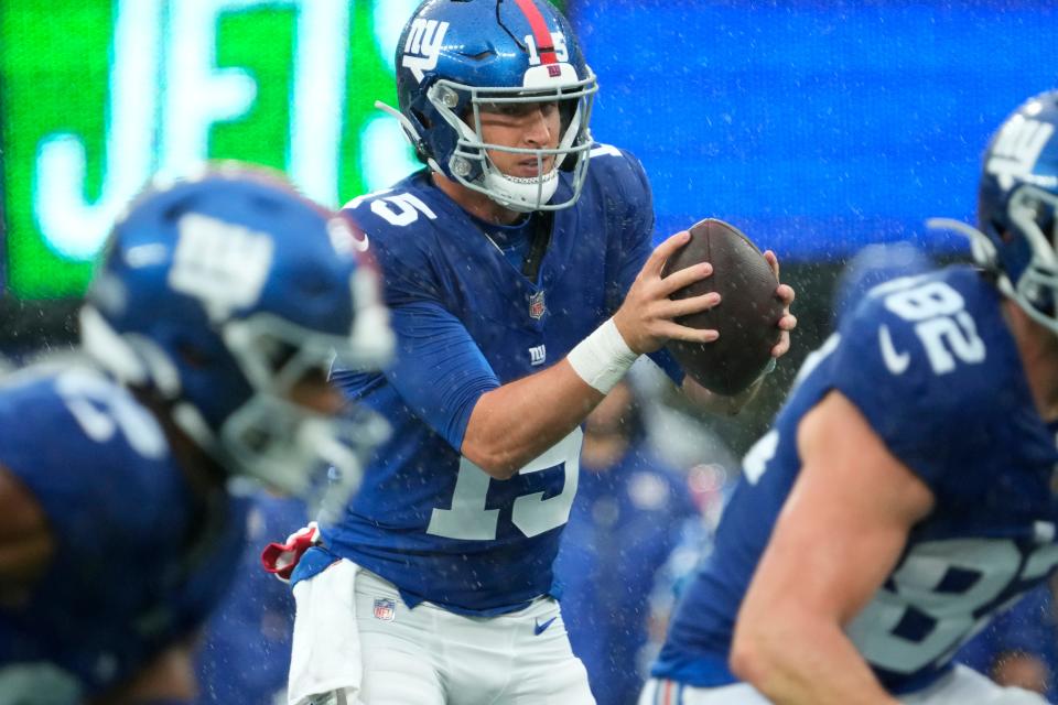 October 29, 2023; East Rutherford, NJ, USA; New York Giants quarterback Tommy DeVito (15), is shown during the second quarter, at MetLife Stadium.