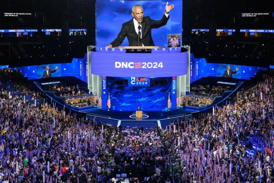 Barack Obama speaks at the Democratic National Convention (DNC) in Chicago on August 20, 2024.