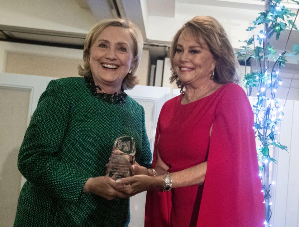 Hillary Rodham Clinton receives an award from Liz Bracken Thompson as she was honored by The Westchester Parks Foundation with its inaugural Leadership Award at its 46th anniversary gala at the Glen Island Harbour Club in New Rochelle Sept. 21, 2023.