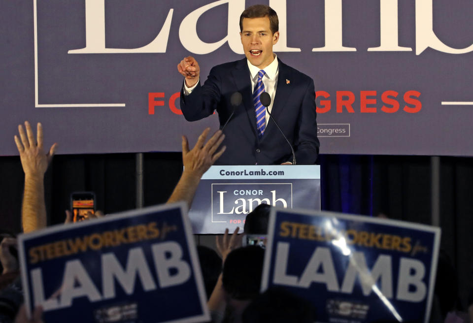 Conor Lamb, the Democratic candidate for the March 13 special election in Pennsylvania’s 18th Congressional District, celebrates with his supporters at his election night party in Canonsburg, Pa., early Wednesday, March 14, 2018. (Photo: Gene J. Puskar/AP)