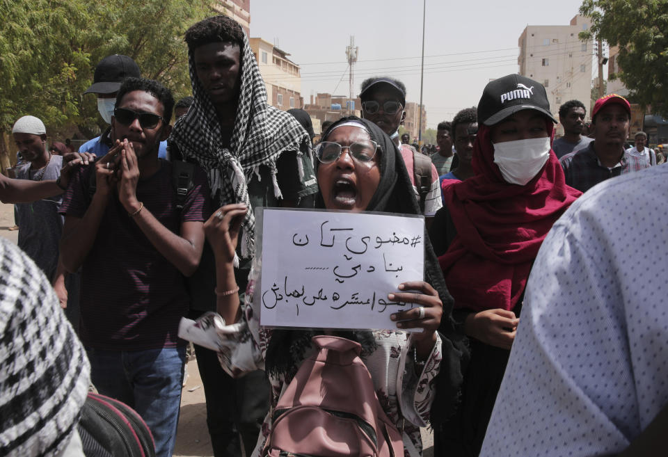 Sudanese anti-coup protesters take part in ongoing demonstrations against the military rule in Khartoum, Sudan, Thursday, March.24, 2022. (AP Photo/Marwan Ali)