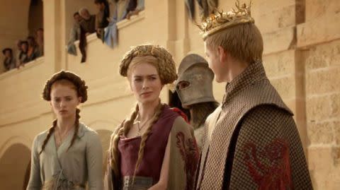 <p> By the end of Season 1, Sansa was drinking the King&apos;s Landing Kool-Aid and it showed in her hair. Here she is, literally standing in Cersei&apos;s shadow and wearing her hair just like the Queen&apos;s (except, you know less elaborate because Sansa doesn&apos;t want to upstage her idol). </p>