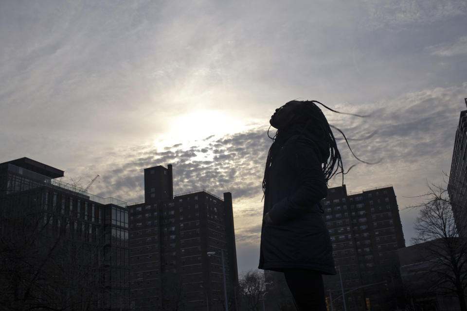 A survivor of sexual assault meditates in the Brooklyn borough of New York on Thursday, March 14, 2019. “Most people will say, ‘What were you wearing or what were you doing? Why were you out so late?’" the young woman said. She found refuge in two trusted teachers, who sent her to “Sisters in Strength,” run by the nonprofit Girls for Gender Equity. (AP Photo/Wong Maye-E)