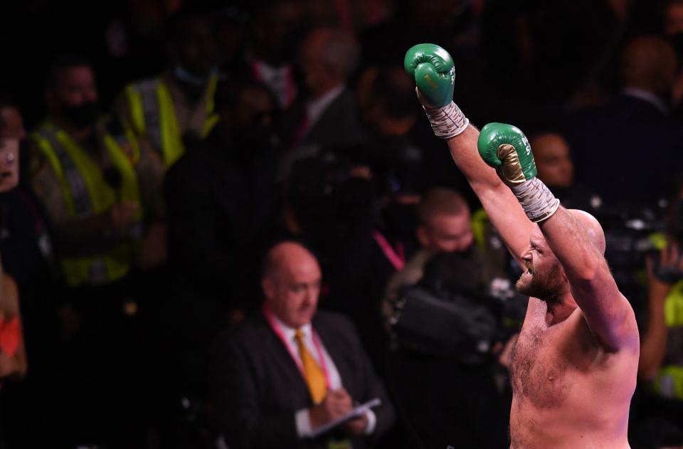 WBC heavyweight champion Tyson Fury of Great Britain reacts after his victory against US challenger Deontay Wilder in the 11th round of the fight for the WBC/Lineal Heavyweight title at the T-Mobile Arena in Las Vegas, Nevada, October 9, 2021. (Photo by Robyn Beck / AFP) (Photo by ROBYN BECK/AFP via Getty Images)