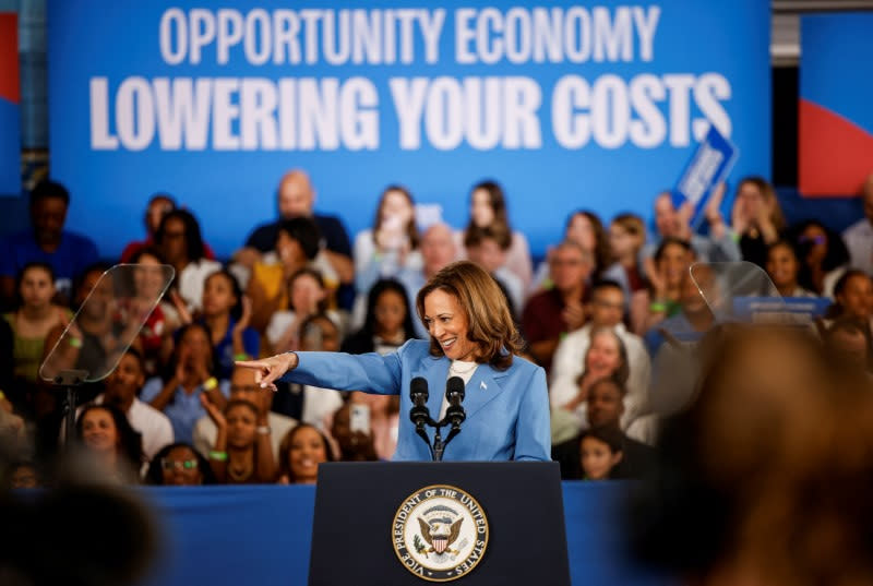 U.S. Vice President and Democratic presidential candidate Kamala Harris gestures as she speaks at an event at the Hendrick Center for Automotive Excellence in Raleigh, North Carolina, U.S., August 16, 2024. REUTERS/Jonathan Drake