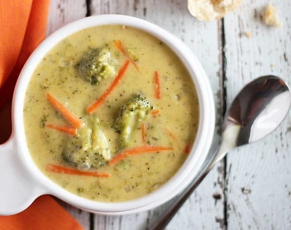 Cooked Broccoli Cheddar Soup in a bowl