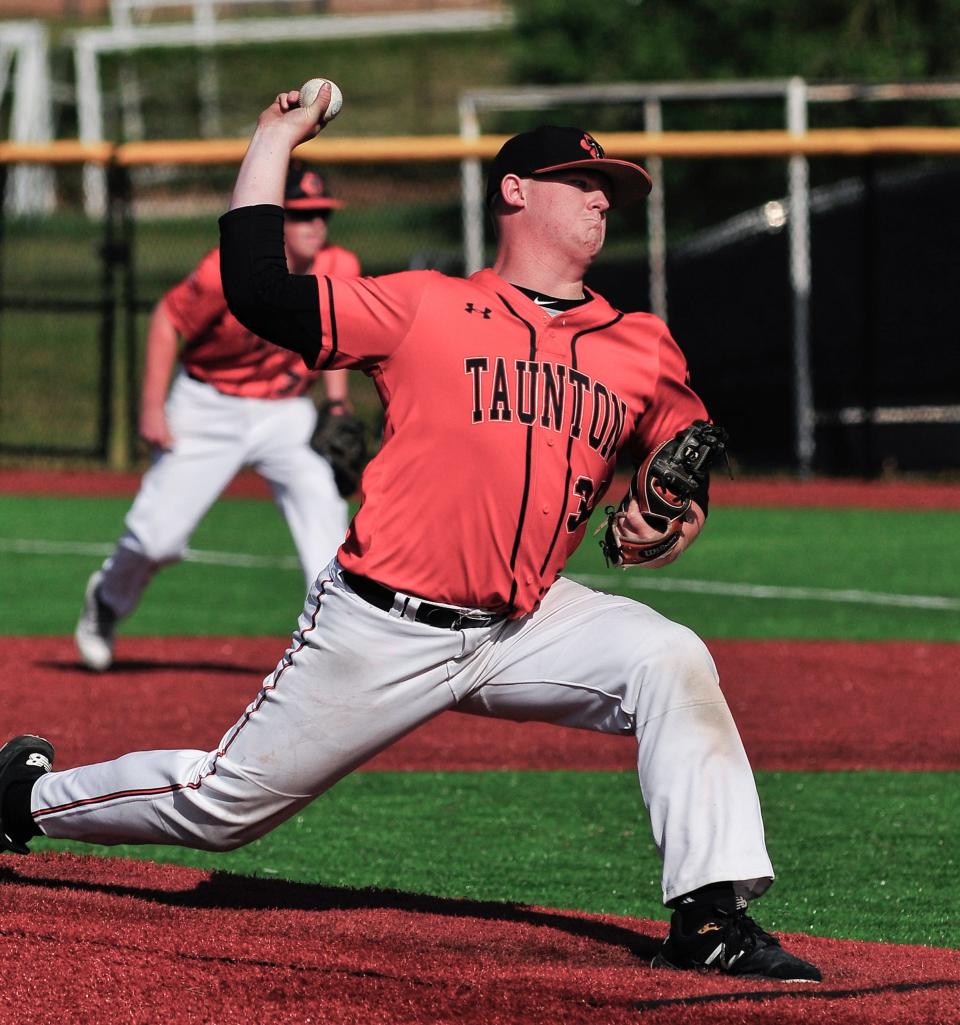 Taunton’s Ryan MacDougall delivers a pitch during Wednesday’s game against Mansfield.