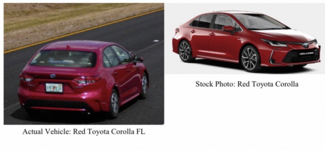 A photo of the actual red Toyota Corolla Miami-Dade police believe Dr. Tomasz Kosowski was driving in South Florida next to a stock photo of the same type of car.