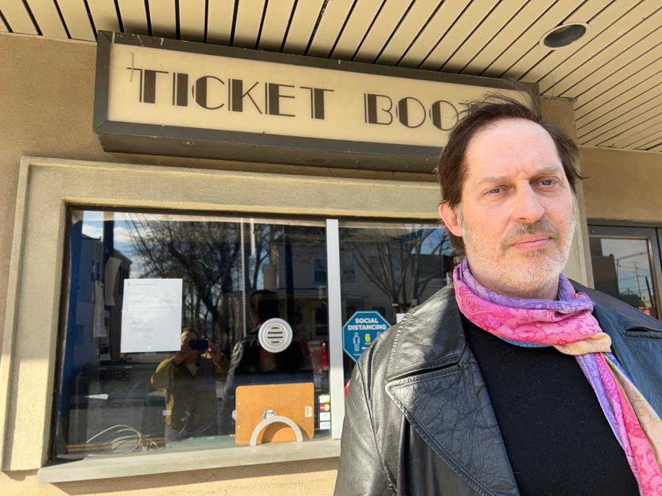 Christopher Padula, the founder of White Vulture Film Festival, stands outside of the ticket booth at Hawthorne Theaters on Lafayette Avenue.