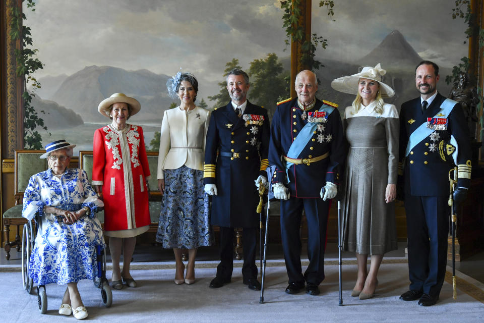 From left, Denmark's Princess Astrid Fru Ferner, Queen Sonja, Queen Mary and King Frederik, Norway's King Harald, Crown Princess Mette-Marit and Crown Prince Haakon pose in the Bird Room at the Palace in Oslo, Norway, Tuesday, May 14, 2024. (Rodrigo Freitas, Pool Photo via AP)