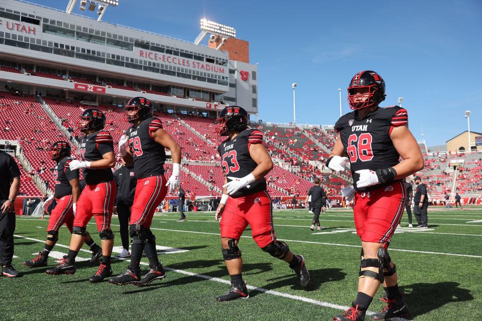 Utah Utes warm up for Cal in Salt Lake City on Saturday, Oct. 14, 2023.