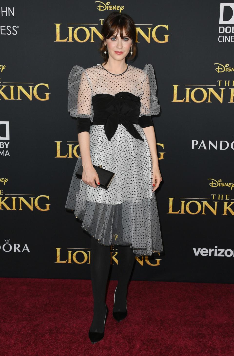 <h1 class="title">Zooey Deschanel Premiere Of Disney's "The Lion King" - Arrivals</h1><cite class="credit">Jon Kopaloff/FilmMagic/Getty Images</cite>