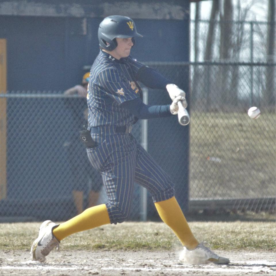 Will Bethuy connects with a pitch during a baseball matchup between Gaylord and Rudyard on Tuesday, April 11.