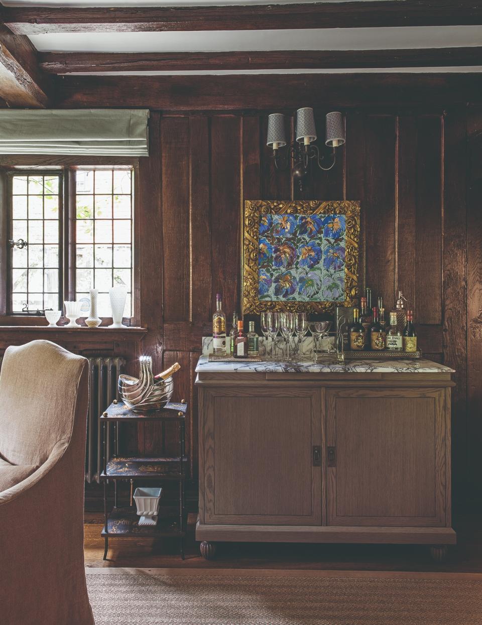 Dark wood paneling in a living room