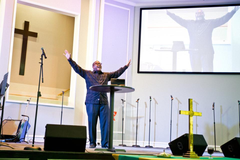 The Rev. J. Lawrence Turner, senior pastor at Mississippi Boulevard Christian Church (known as The BLVD), speaks at a service.