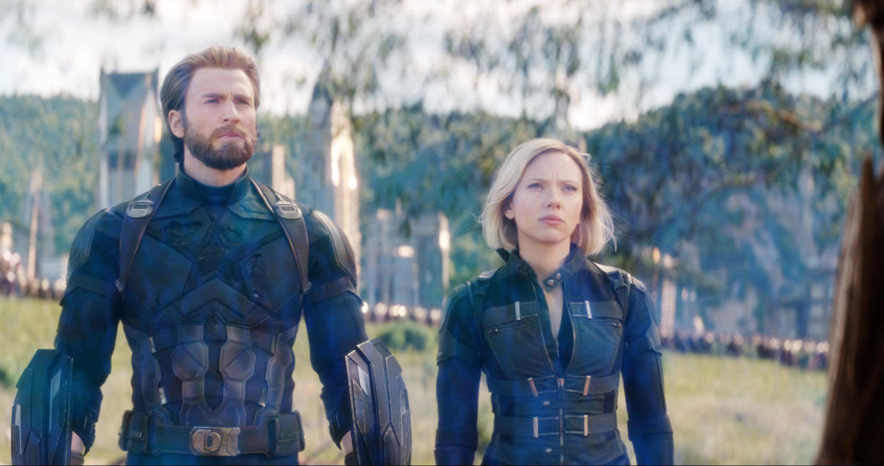 Steve Rogers (Chris Evans) and Natasha (Johansson) in 'Avengers: Infinity War' (Photo: Walt Disney Co./courtesy Everett / Everett Collection)