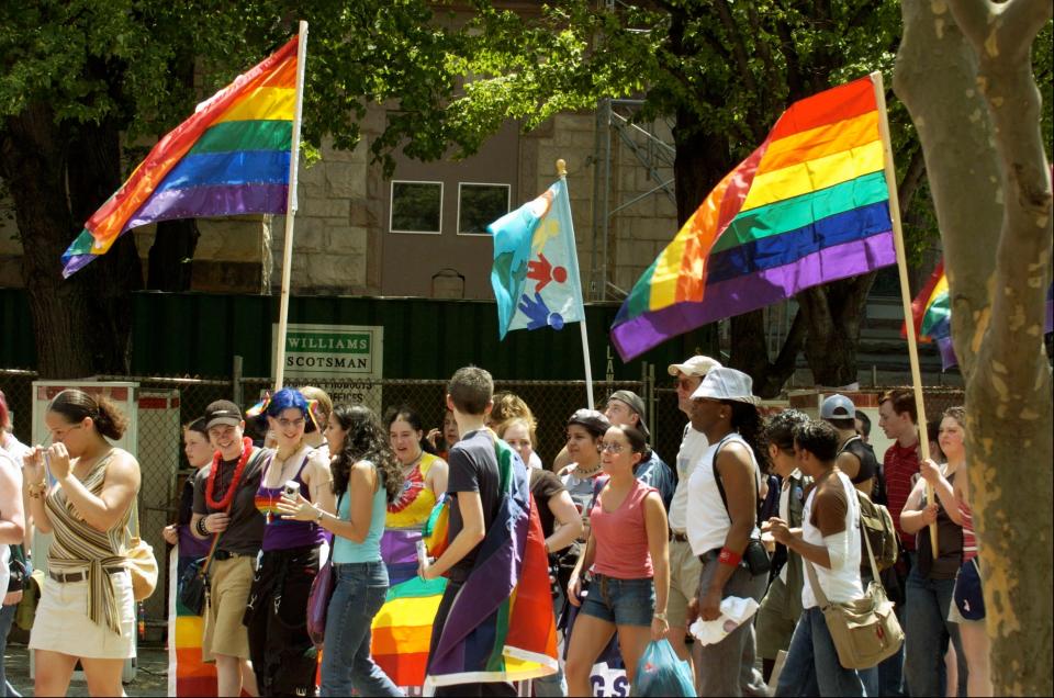 Students gather for the 10th annual Gay Youth Pride Day parade sponsored by The Governor's Commission on Gay and Lesbian Youth at Copley Square in Boston.